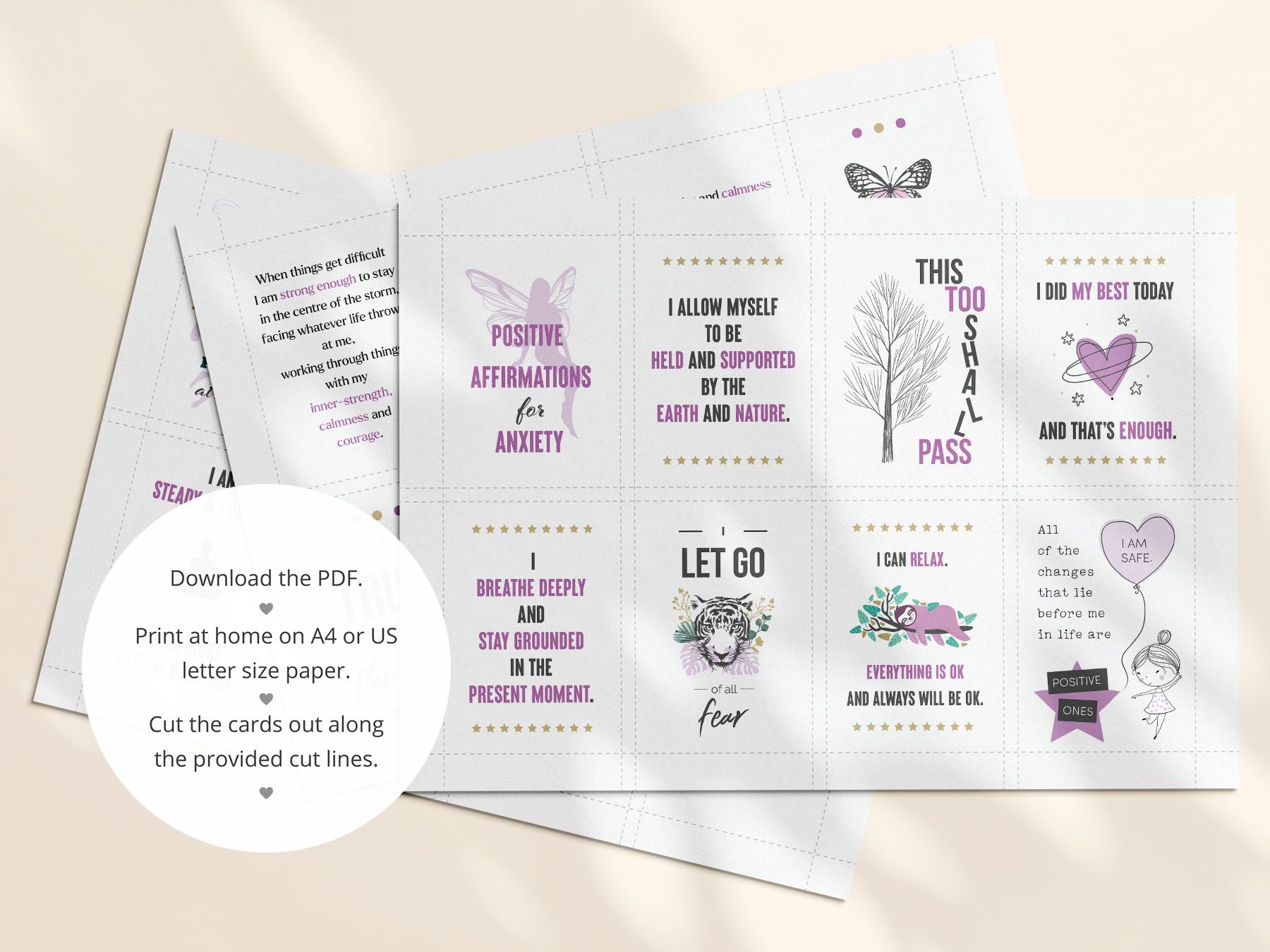The first PDF has all 39 printable positive affirmation cards for anxiety laid out 8 per page.