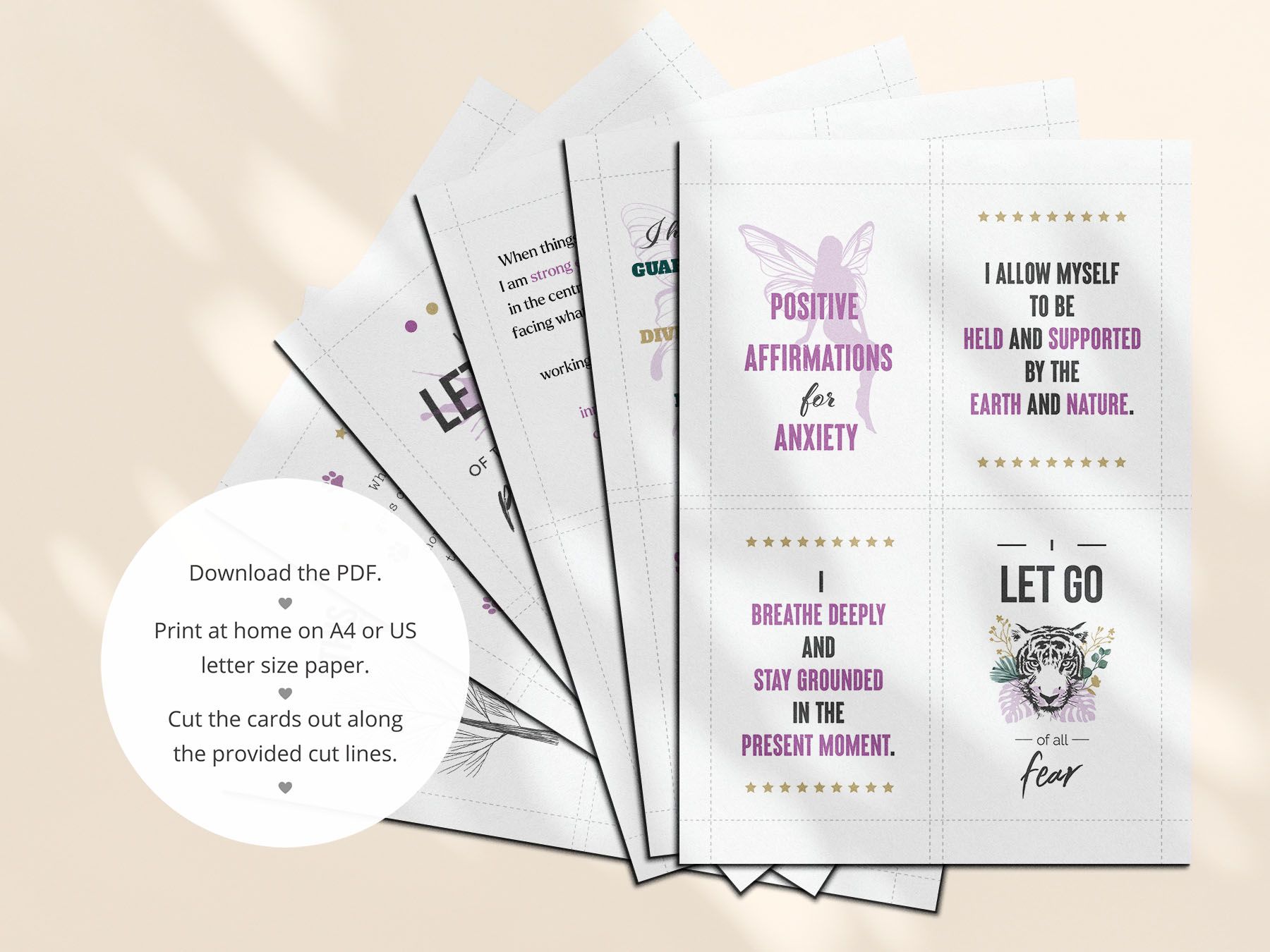 The second PDF has all 39 printable positive affirmation cards for anxiety laid out 4 per page.