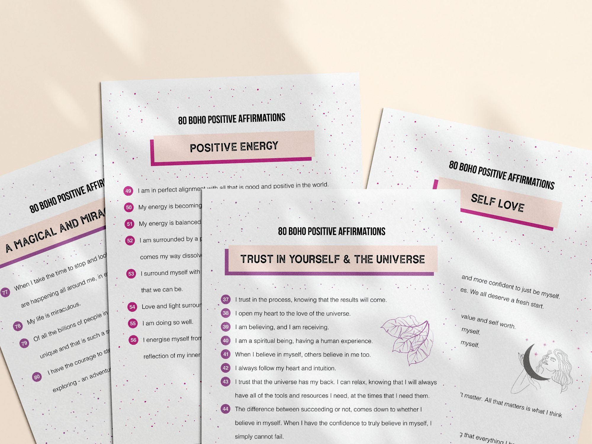 80 printable positive affirmations organised into 8 different themes. 