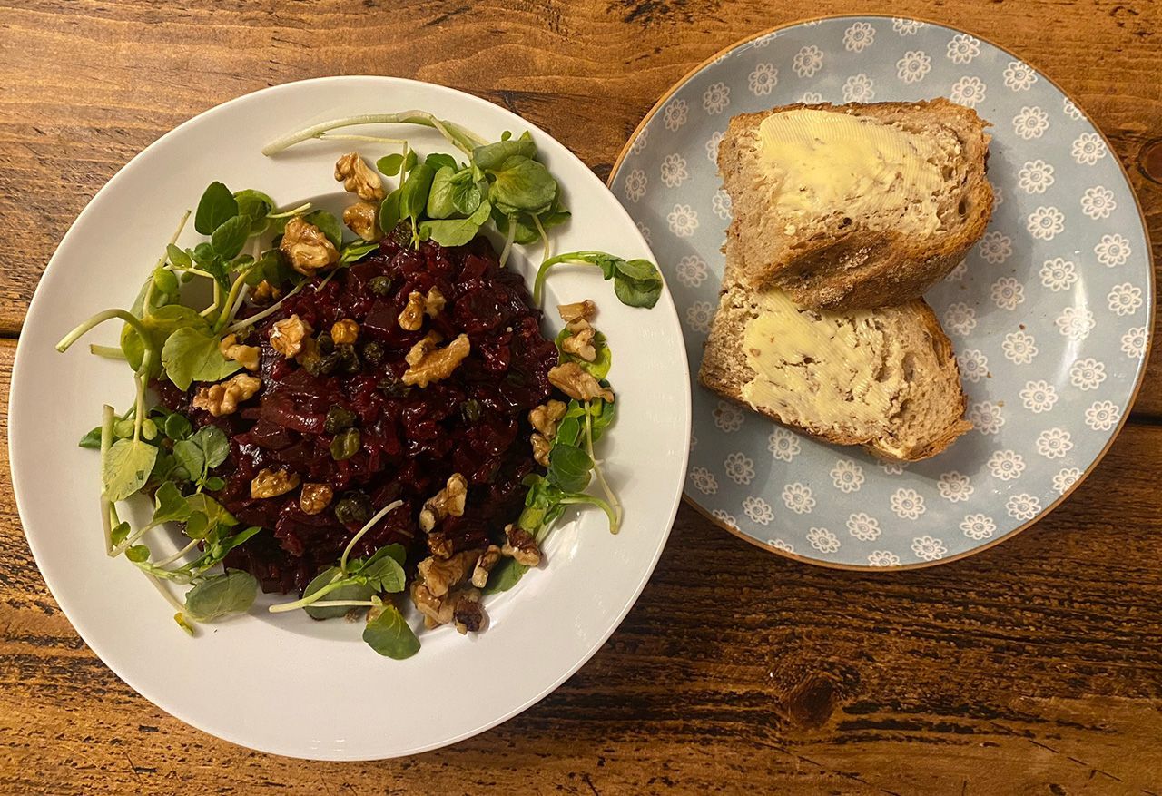 Beetroot and black garlic risotto from Riverford Organic, with some chunky brown, buttered bread from My Loaf bakery, Cardiff.