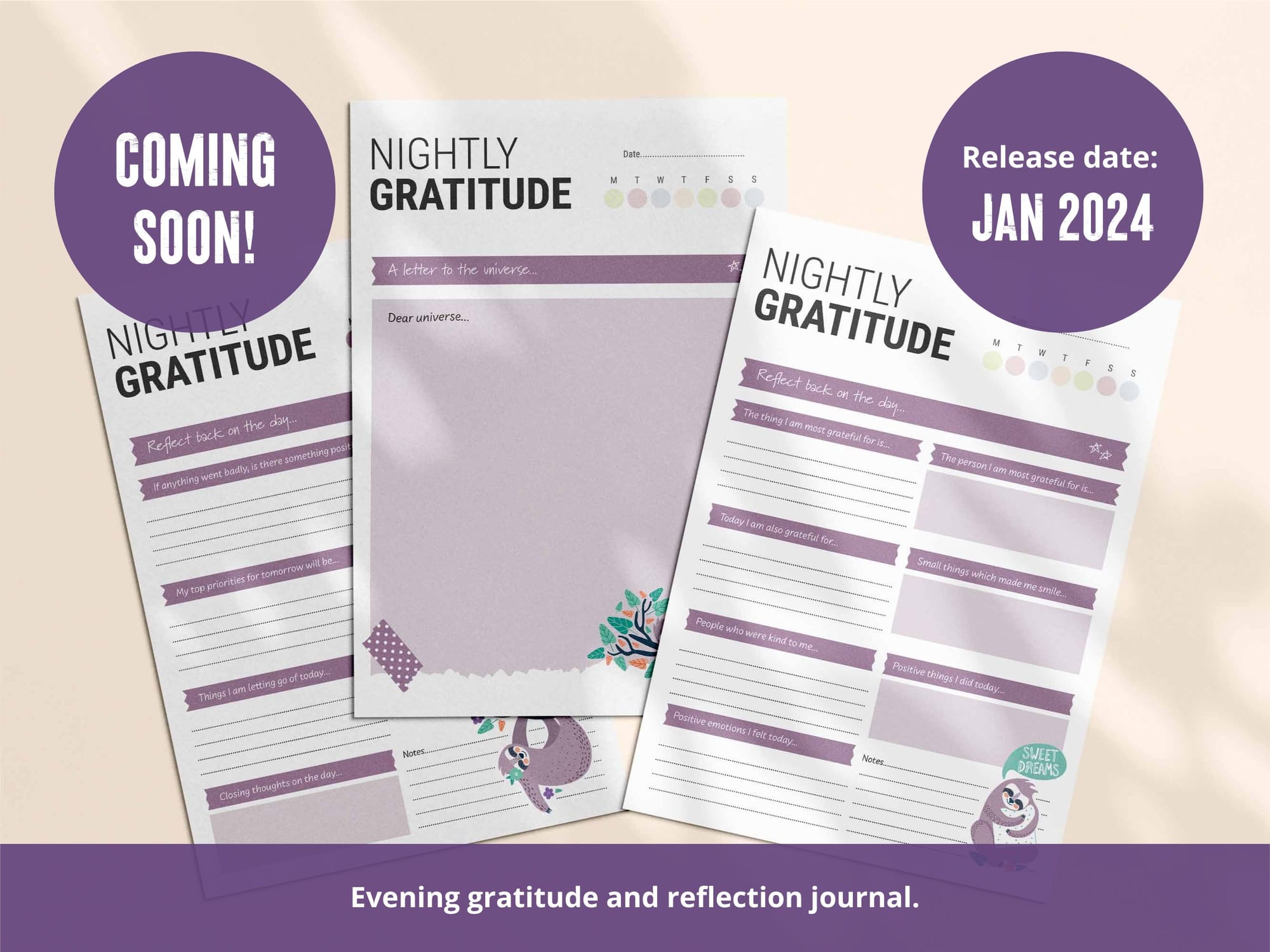 To be released in January 2024: Printable nightly gratitude and reflection journal.
