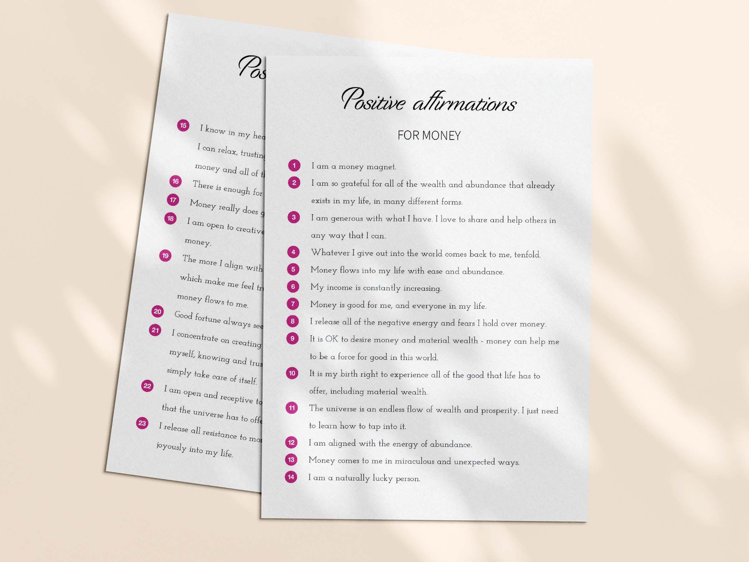 23 printable money affirmations - download the PDF and print at home.