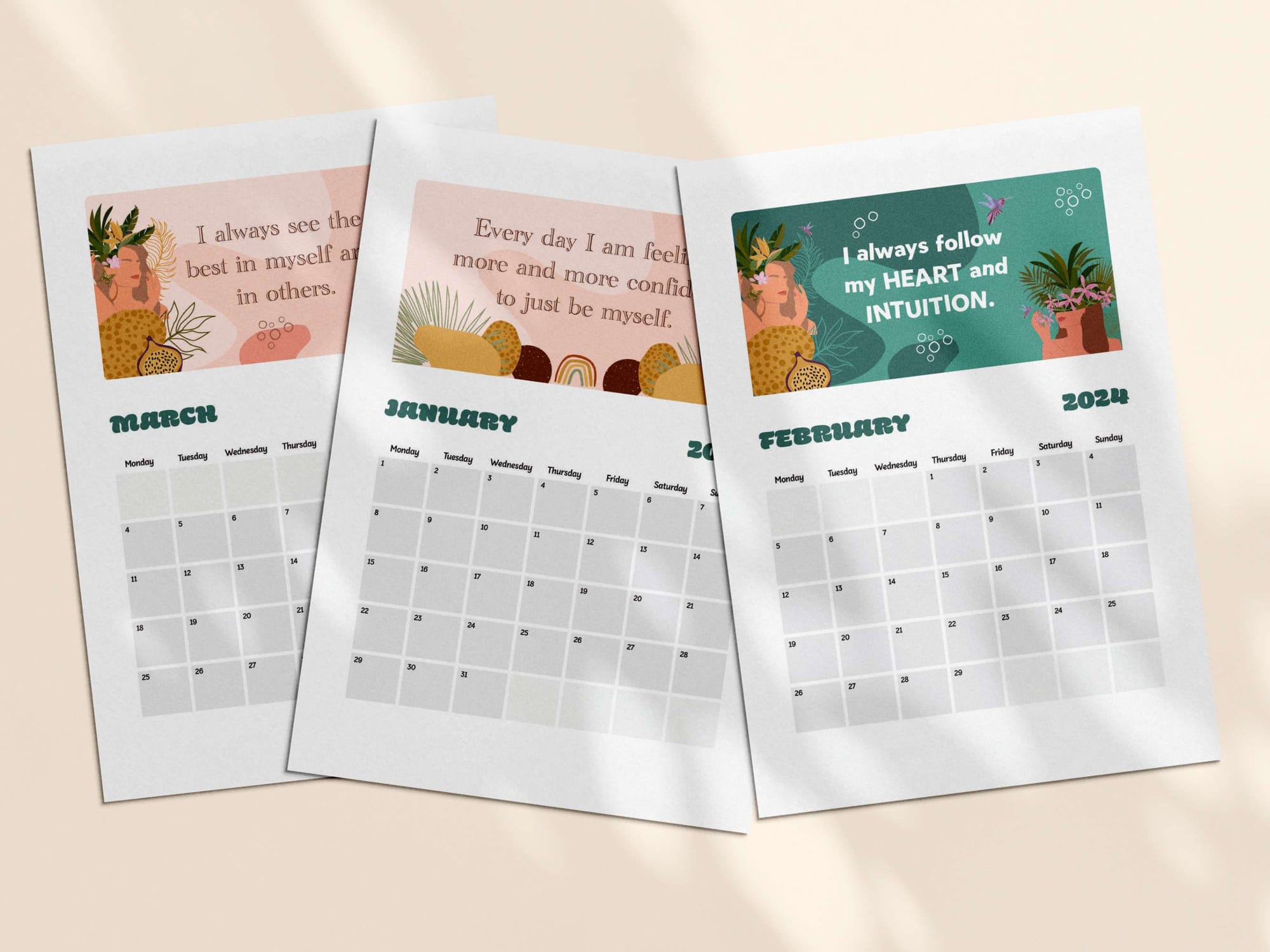 Printable positive affirmation calendar 2024 - January, February, March. 