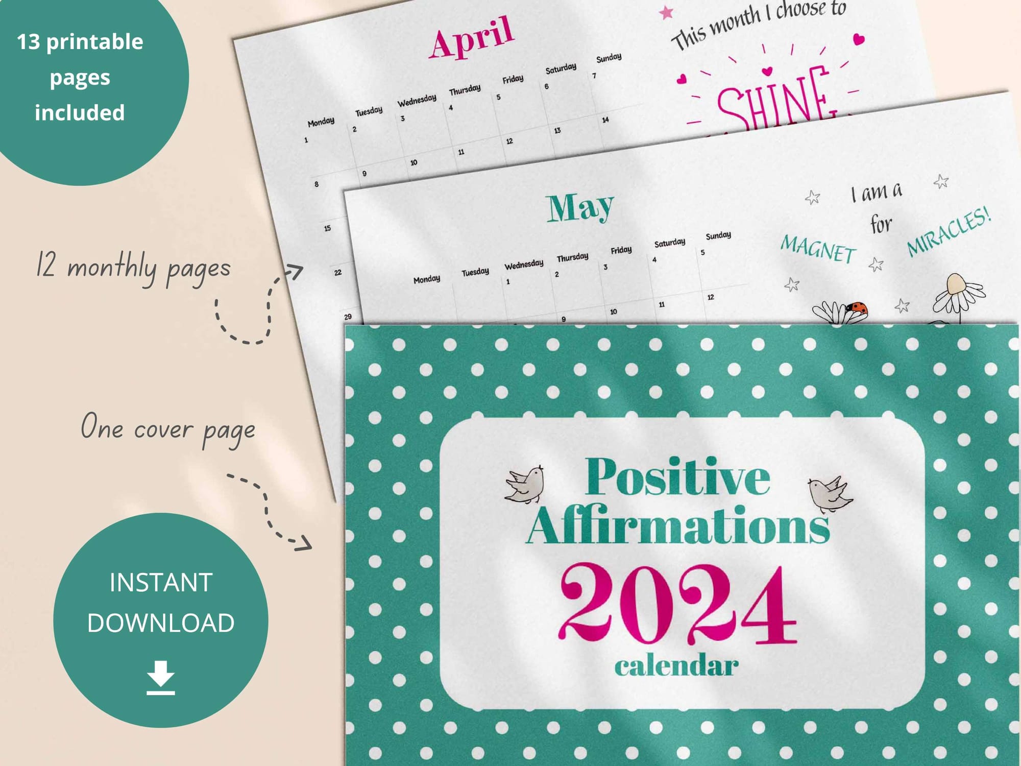 The calendar includes 13 printable pages in total - 12 monthly pages plus one cover page.