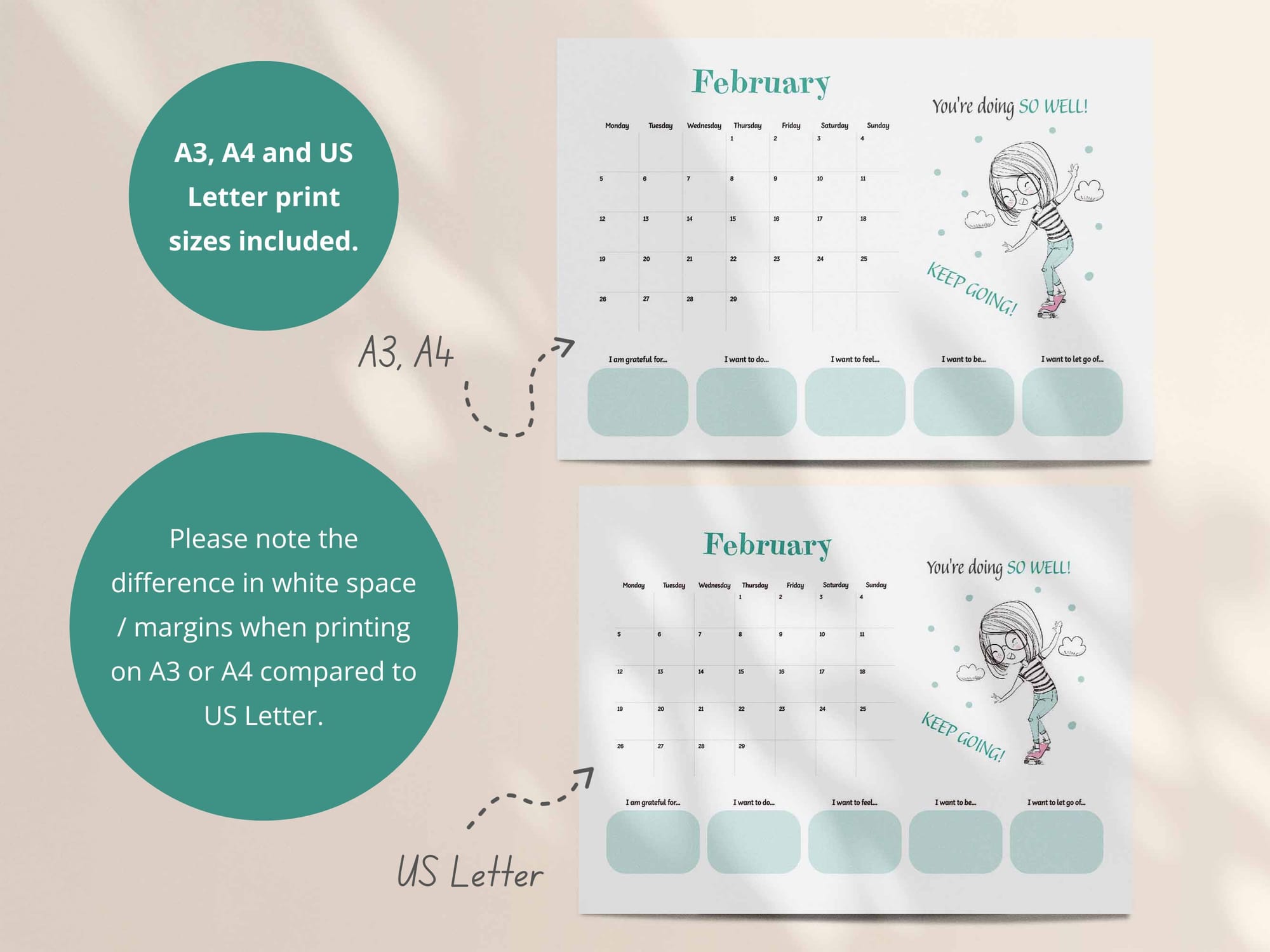 Printable PDF calendar. Print on A3, A4 or US Letter paper. Landscape layout.