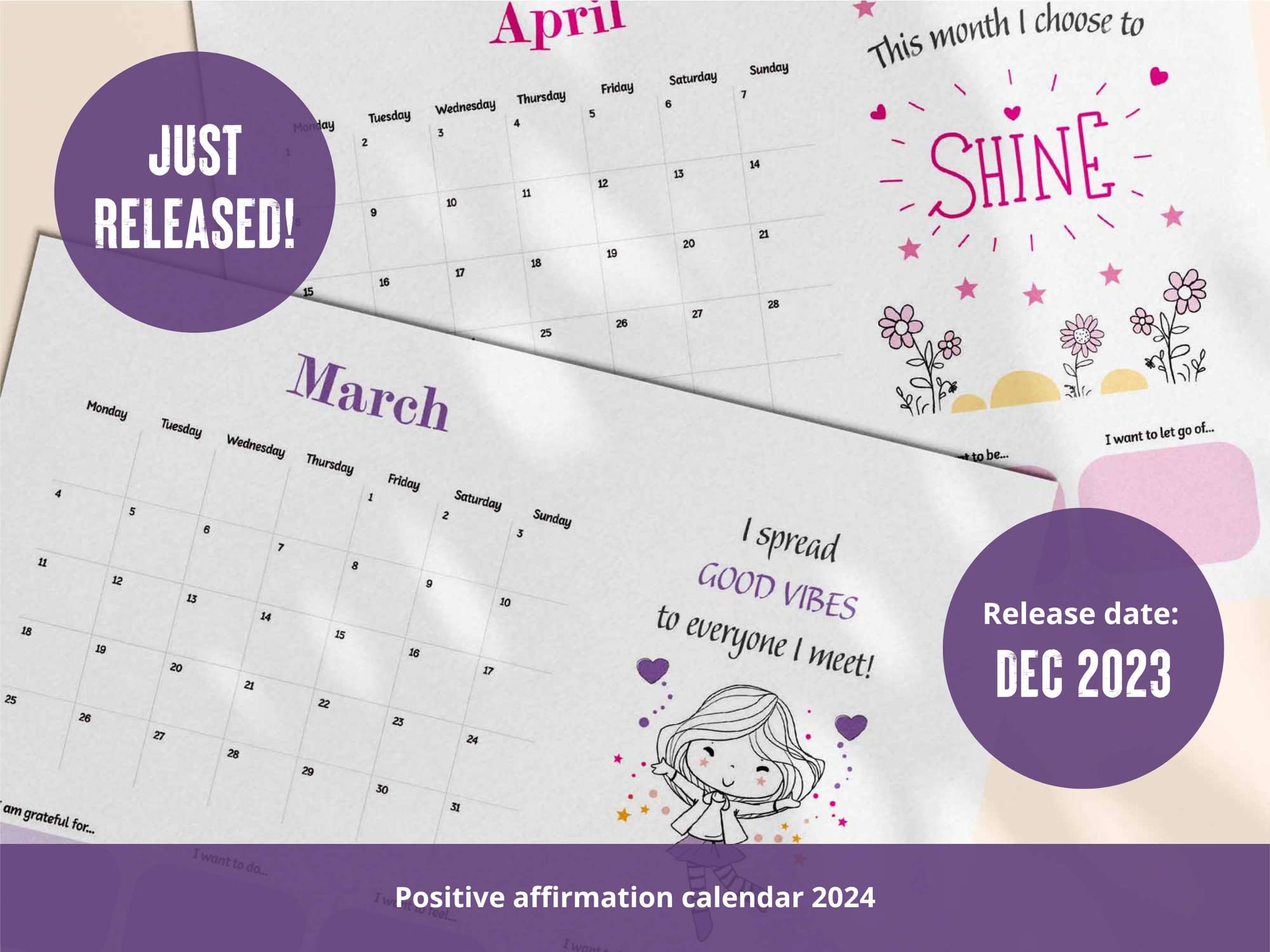 Just released - printable positive affirmation monthly calendar 2024.