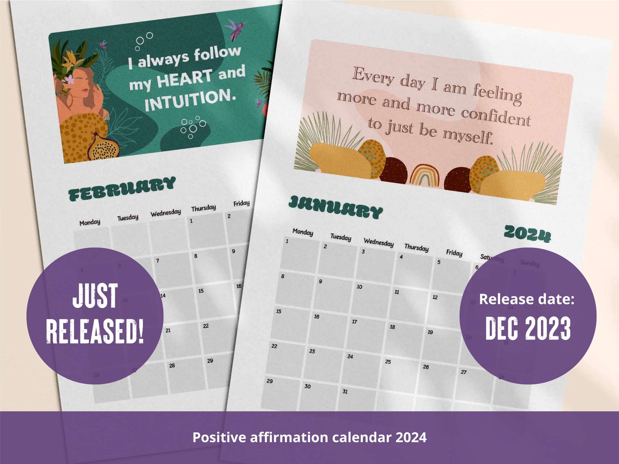 Just released - printable positive affirmation monthly calendar 2024