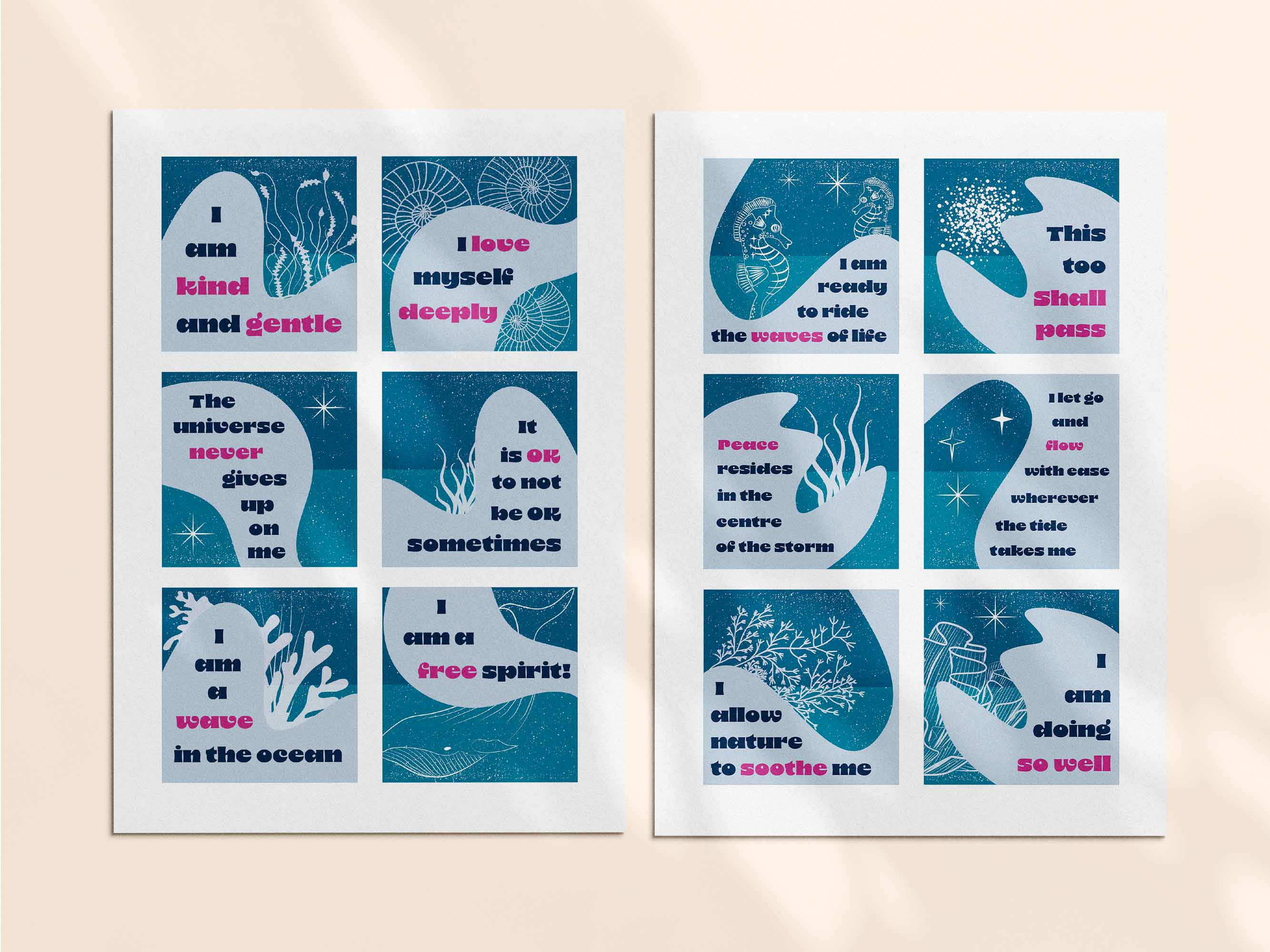 24 printable affirmation cards for letting go, with a water, waves and sea theme. 