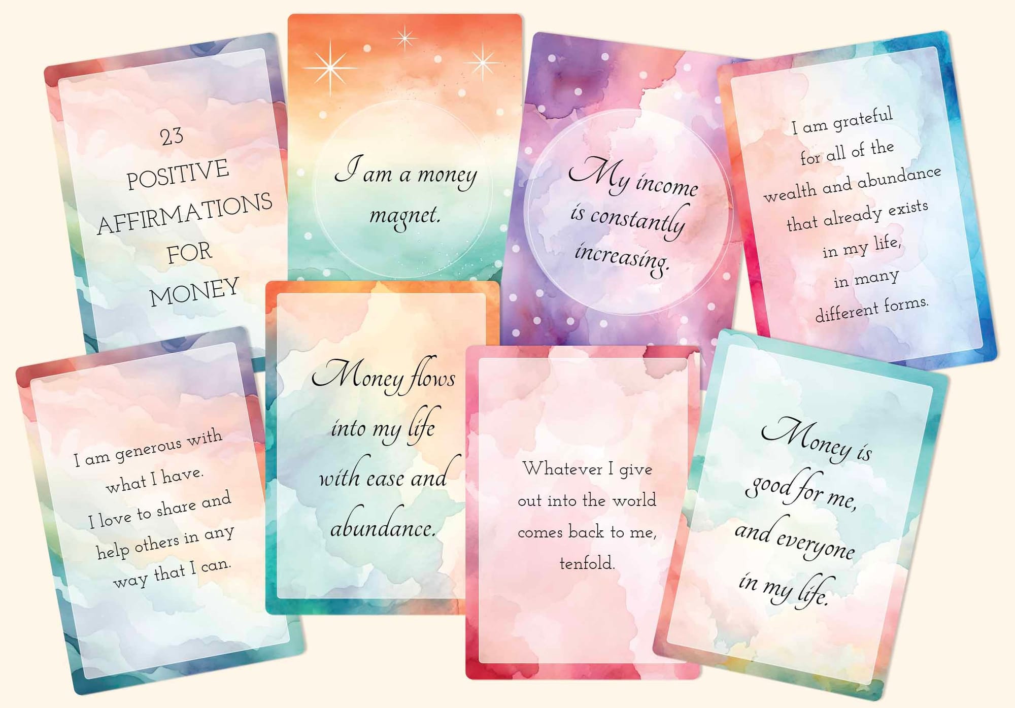 23 printable positive affirmation cards for manifesting money, wealth and abundance.