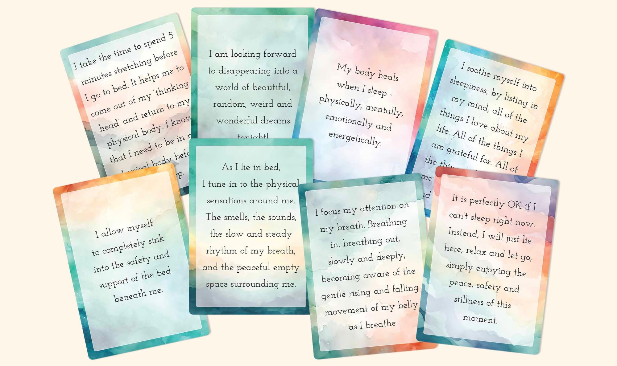 23 printable positive affirmation cards for getting a great night of sleep.