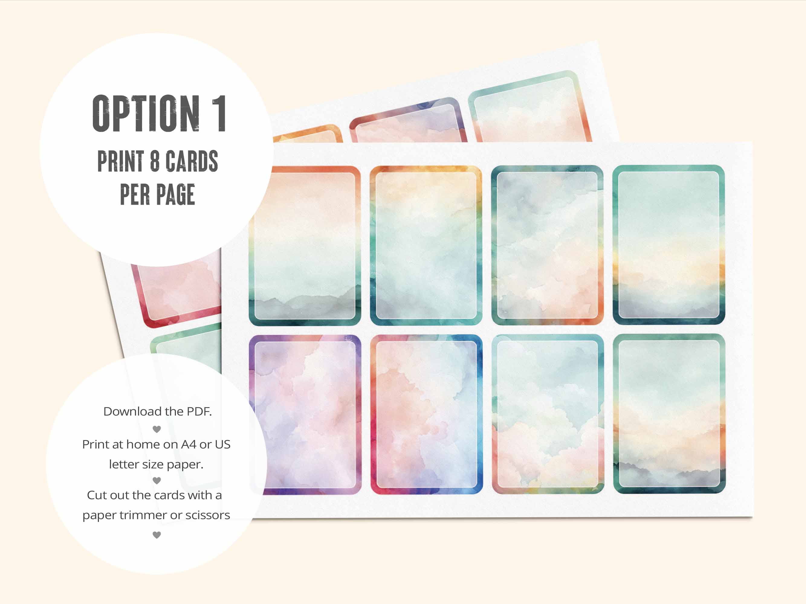 The first PDF has all 16 blank watercolor affirmation cards laid out 8 per page.