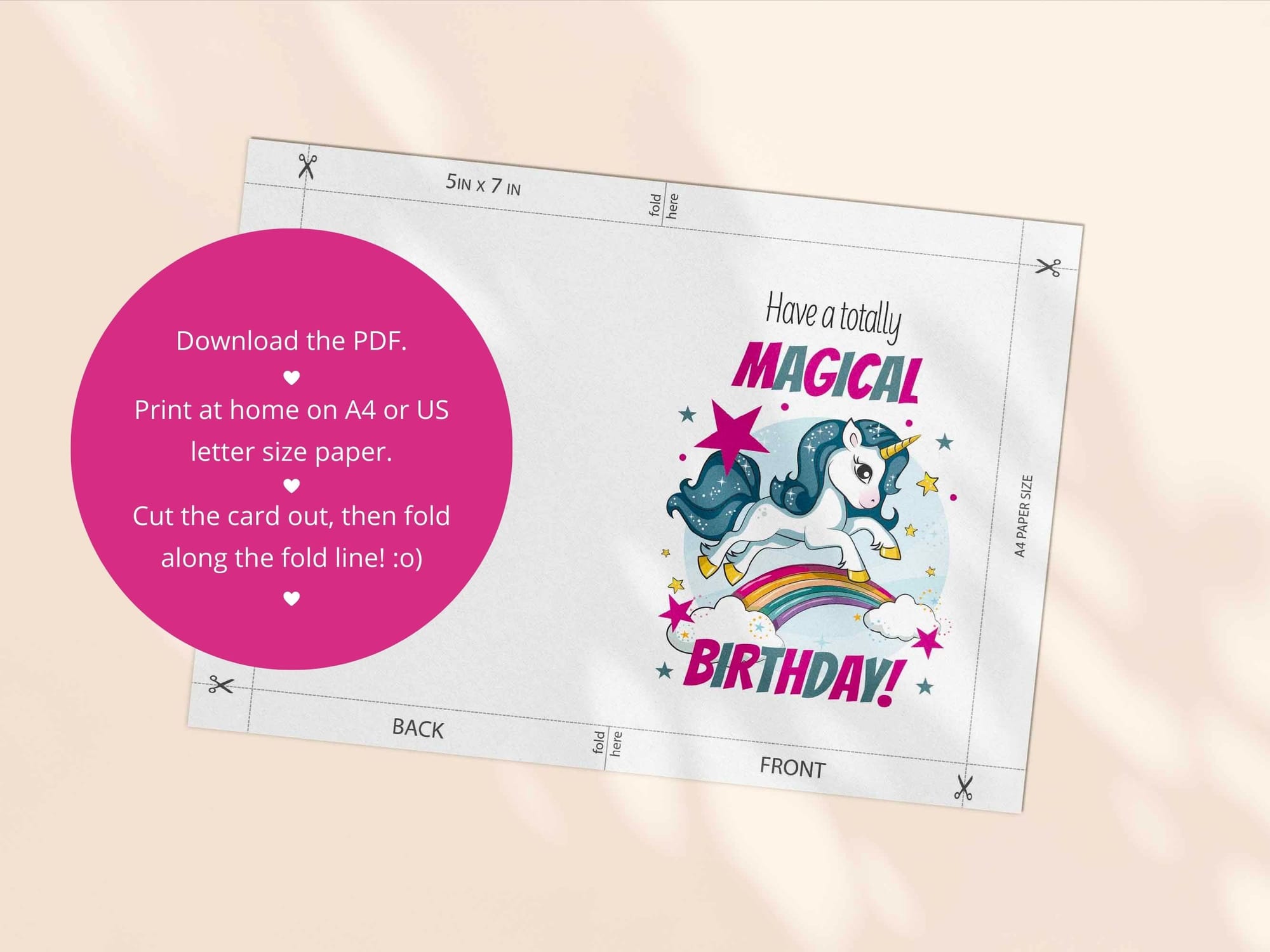 Printable kids birthday card template - both an A4 and US Letter print template are included in this download.