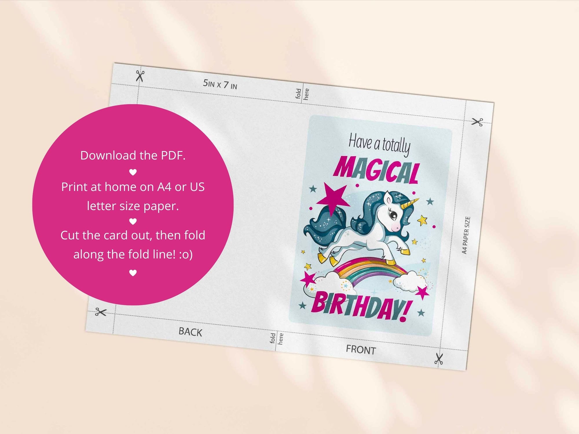 Printable kids birthday card template - both an A4 and US Letter print template are included in this download.