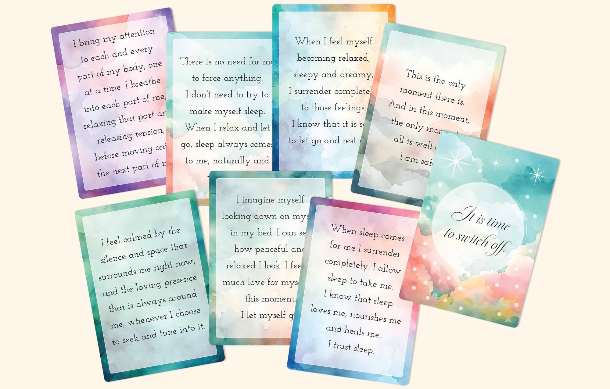 23 printable positive affirmation cards for getting a great night of sleep.