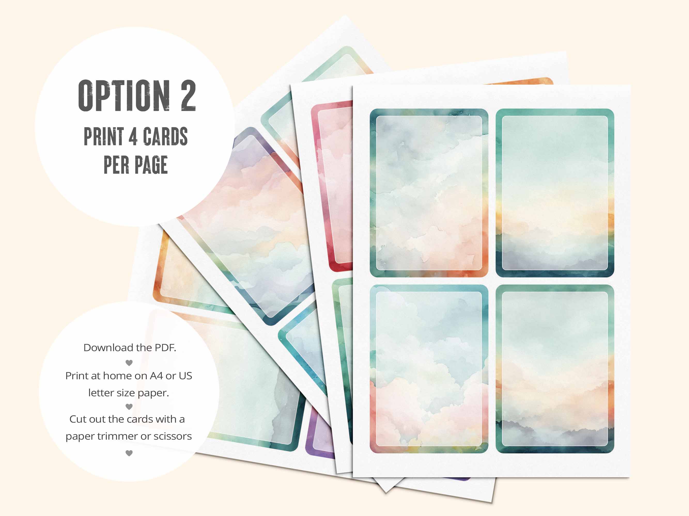 The second PDF has all 16 blank watercolor affirmation cards laid out 4 per page.