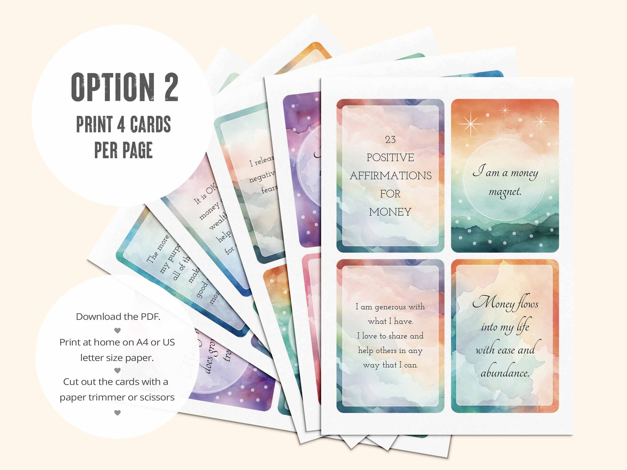 The second PDF has all 23 money affirmations laid out 4 per page.