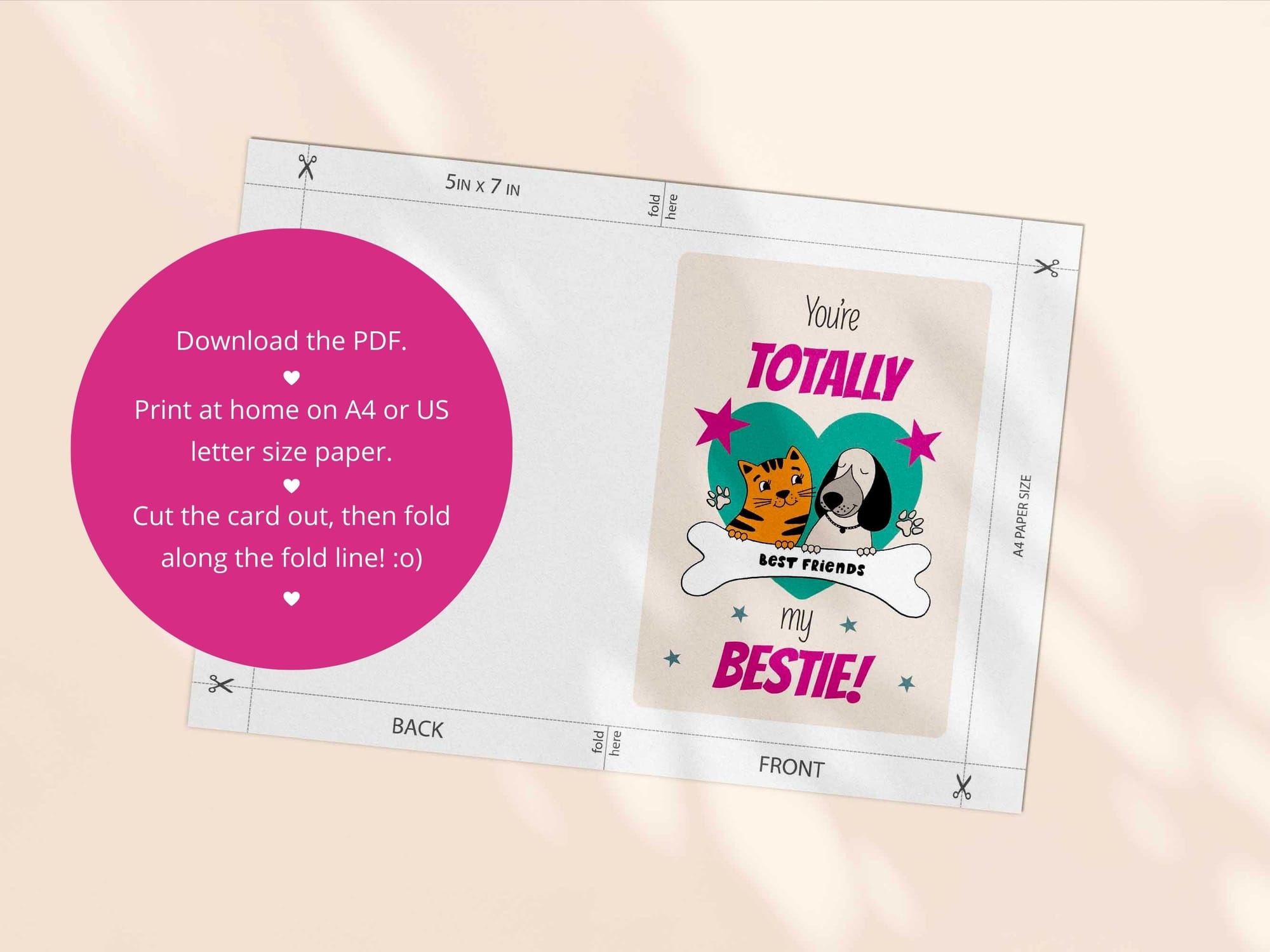 Printable friendship card template - both an A4 and US Letter print template are included in this download.