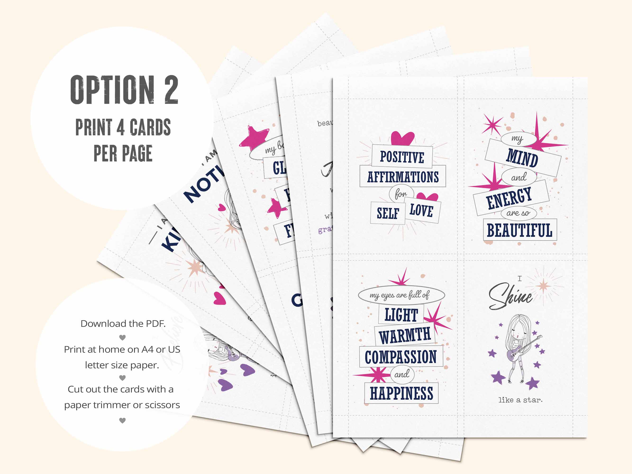 The second PDF has all 23 positive affirmation cards for self love, self worth and self care laid out 4 per page.