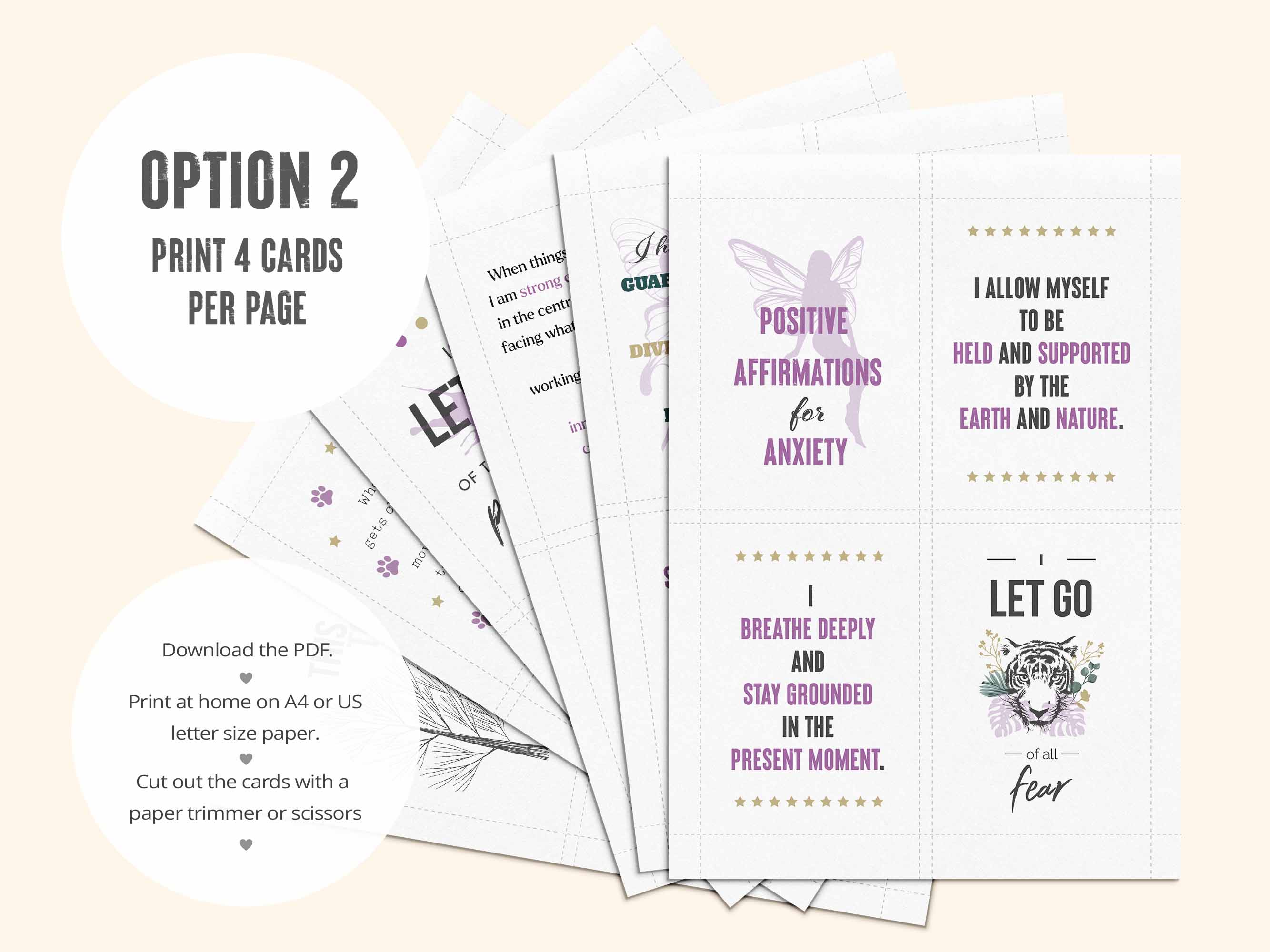 The second PDF has all 39 printable positive affirmation cards for anxiety laid out 4 per page.
